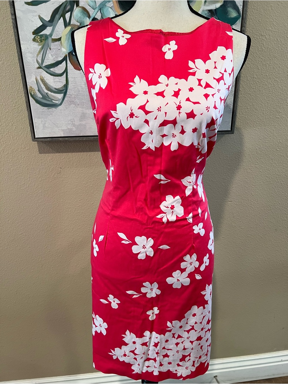 Bright Pink Floral Sheath Dress with White Bloom Motif